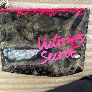 Victoria Secret Pink & Black Lace Makeup Cosmetic Bag EUC